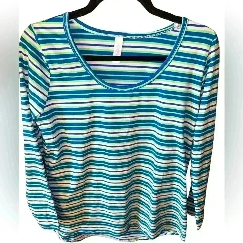Lularoe medium blue green, pink striped Lynnae long sleeve t shirt. NWT